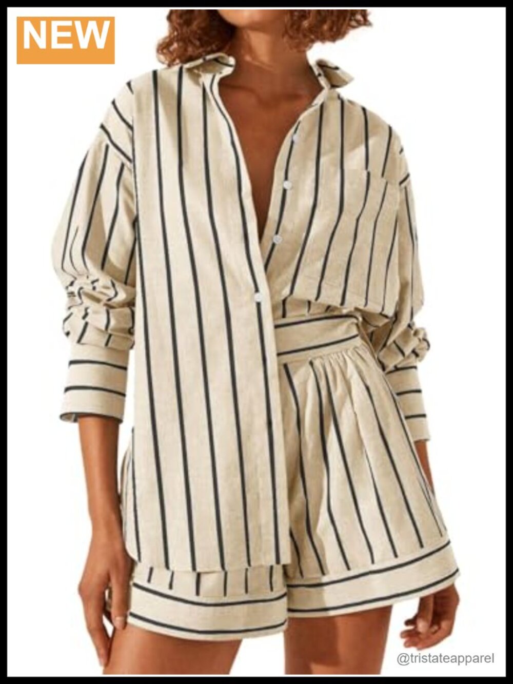 Womens 2 Piece Striped Short Set Long Sleeve Shirt & Shorts Oversized